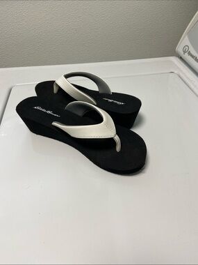 Eddie Bauer Black Wedge Flip Flops with White Straps